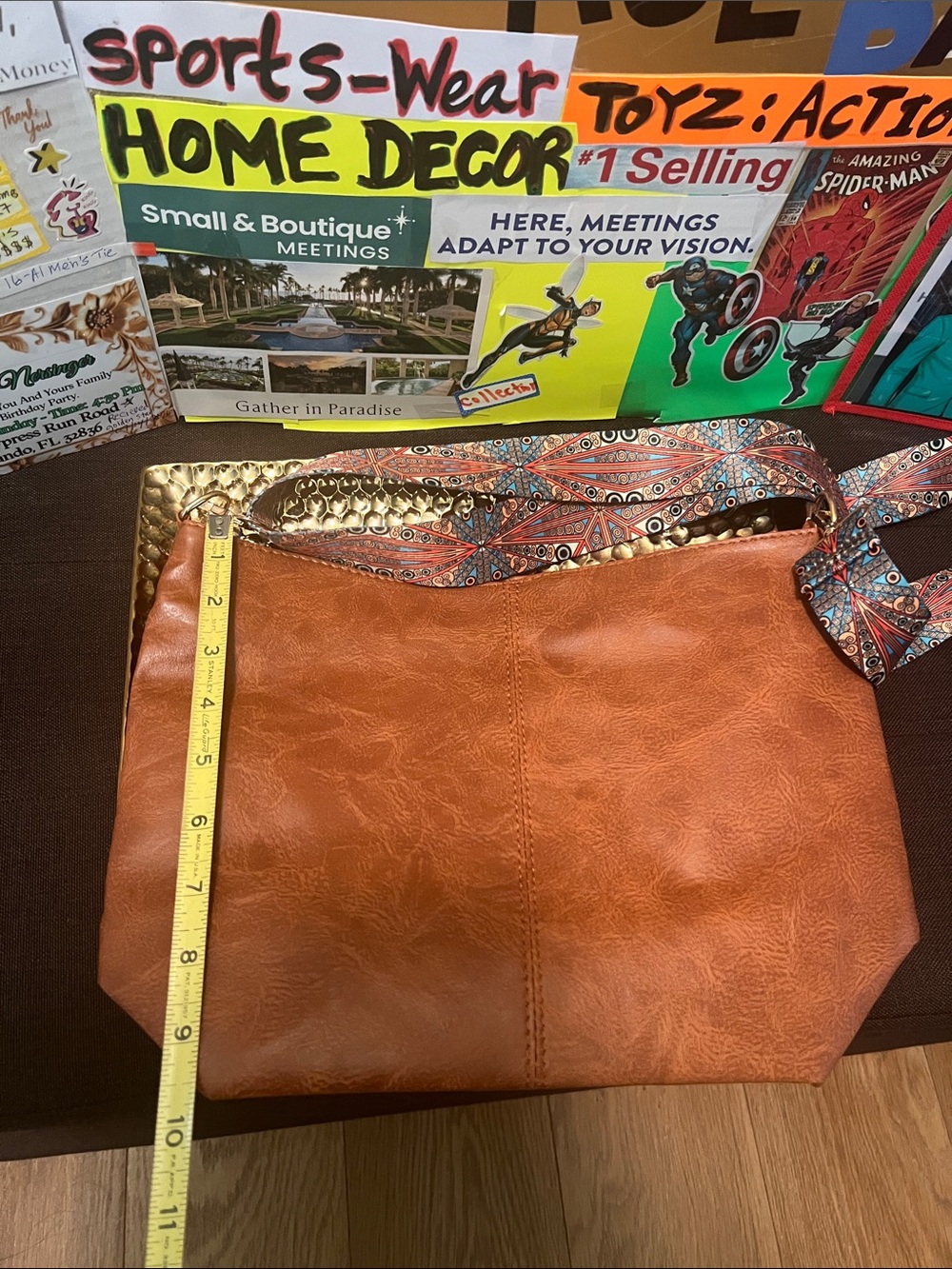 #2816*”9x12”Brown Leather Crossbody Bag with Patterned Adjustable Strap - Picture 4 of 17